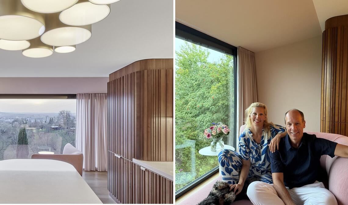 Blick in die vom Stuttgarter Innenarchitekten Alexander Fehre umgestaltete Küche von Nadine und Mathias Albert – und Hund Larry.