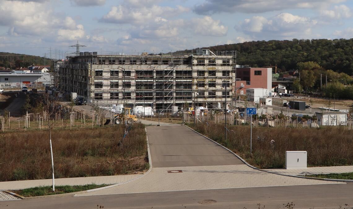 Blick von den beiden ersten Wohnbauarealen im Vordergrund links und rechts der Straße auf die baumbepflanzte „grüne Mitte“, das künftige Seniorenzentrum, den OBI-Baumarkt links und den Kirschbaum-Verwaltungstrakt rechts hinten. Foto: HKPE