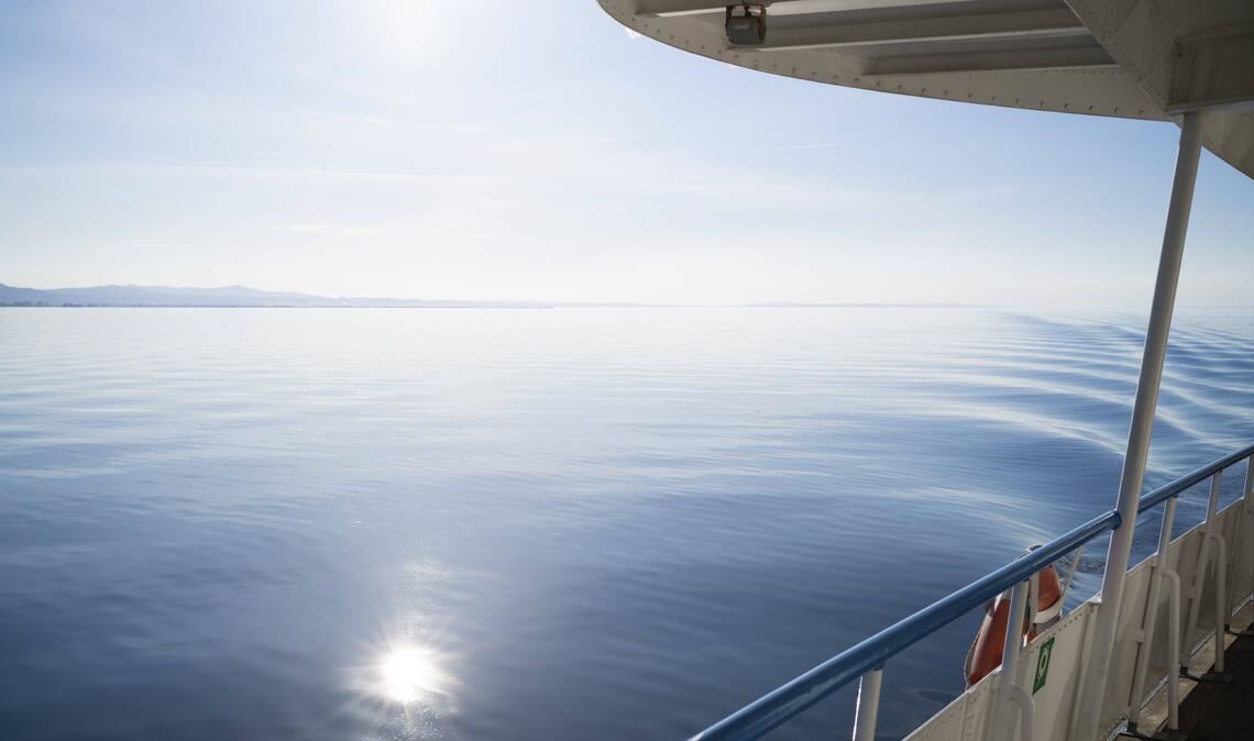 Blick von einer Fähre auf den Bodensee bei Bregenz.
