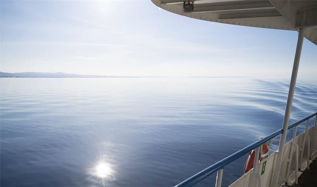 Blick von einer Fähre auf den Bodensee bei Bregenz.