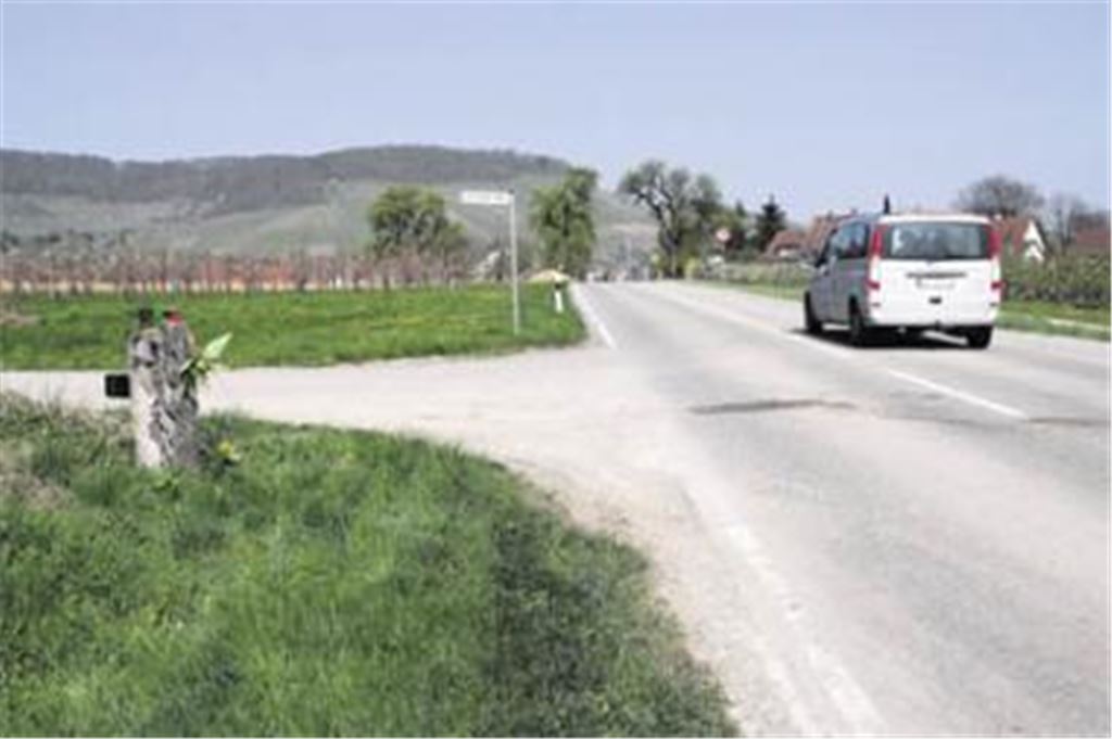 Blumen, und Kerzen an einem Baumstumpf: Gedenkstätte am Unfallort. Foto: Sadler