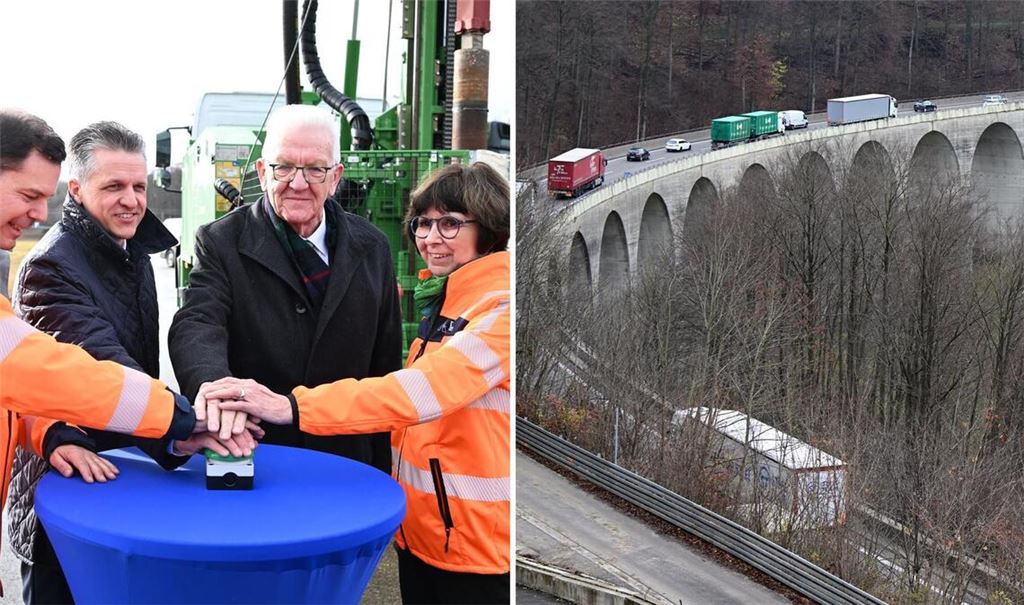 Bohrung auf Knopfdruck: Autobahnchef Michael Güntner, Kanzleramtsminister Thorsten Frei, Ministerpräsident Winfried Kretschmann und Christine Baur-Fewson (v.l.) von der Südwest-Niederlassung der Autobahngesellschaft, starten die Bauarbeiten, die die alte A-8-Führung auf die Alb ersetzen soll.