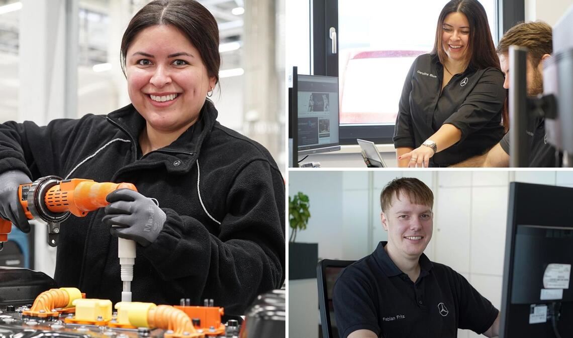 Carolina Blum und Fabian Fritz gehören zu den „digitalen Pionieren“ von Mercedes. Früher arbeiteten sie in der Produktion, nach ihrer Fortbildung ist ihr Arbeitsplatz nun im Büro.