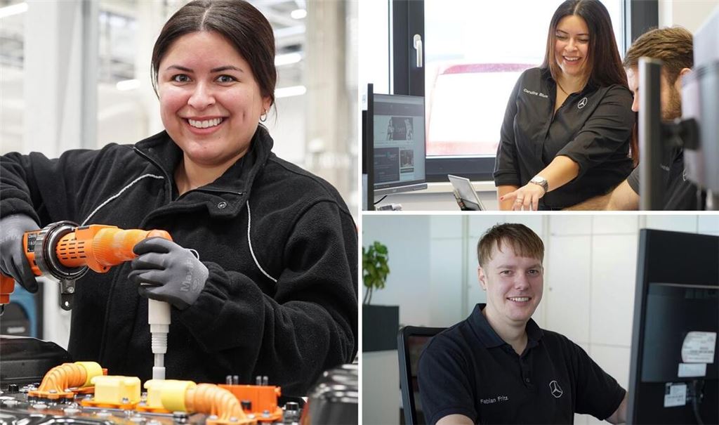 Carolina Blum und Fabian Fritz gehören zu den „digitalen Pionieren“ von Mercedes. Früher arbeiteten sie in der Produktion, nach ihrer Fortbildung ist ihr Arbeitsplatz nun im Büro.