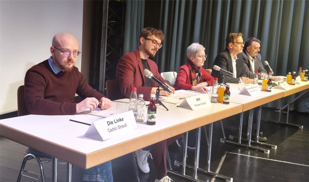 Cedric Strauß (Linke, v.li.), Michael Hofsäß (SPD), Stefanie Seemann (Grüne), Professor Dr. Erik Schweickert (FDP) und Ansgar Mayr (CDU) stellen sich den Fragen von Jungwählern. Fotos: privat/Czop
