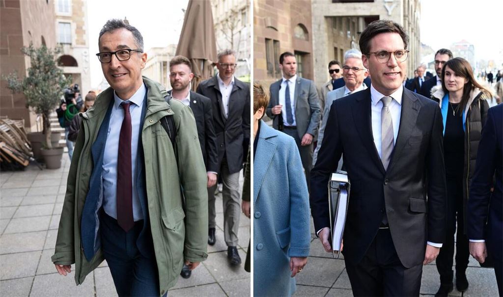 Cem Özdemir (Bündnis 90/Die Grünen, links), Spitzenkandidat der Grünen in Baden-Württemberg und Manuel Hagel (CDU, rechts), Vorsitzender der CDU Baden-Württemberg.