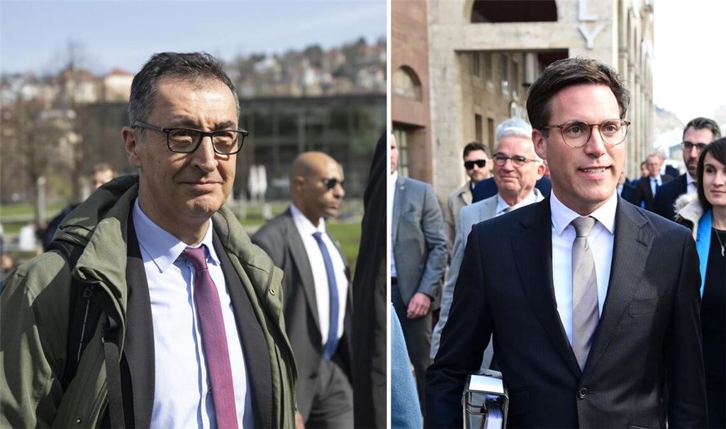 Cem Özdemir und Manuel Hagel in den vergangenen Wochen auf dem Weg zu Sondierungsgesprächen. Nach Ostern soll es weitergehen.