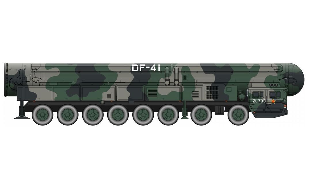 China: <b></b>410 atomare Sprengköpfe in Reserve.  Chinese mobile launcher DF-41 –  Dongfeng 41 oder DF-41 /Nato-Codename: CSS-20) ist die Bezeichnung einer landgestützten ballistischen Interkontinentalrakete der Volksrepublik China. Die Rakete wurde bei der Militärparade zum chinesischen Nationalfeiertag am 1. Oktober 2019 der Öffentlichkeit vorgestellt.