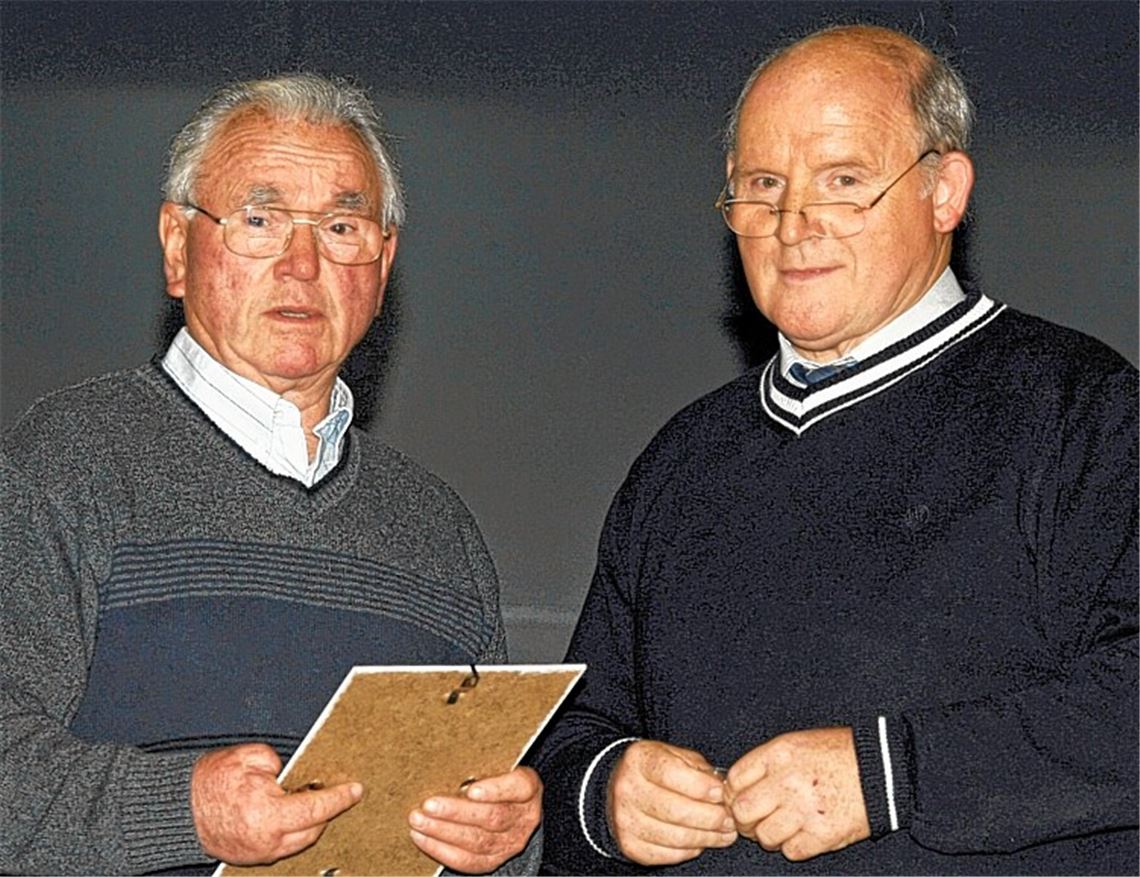 Dank an Alfred Keller (li.): Vereinsvorsitzender Herbert Albrecht überreicht die goldene Ehrennadel des Landesverbands. 