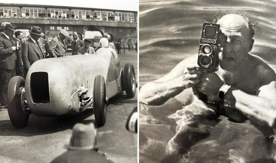 Das Foto von Zoltan Glass (rechts) zeigt den Mercedes-Rennfahrer Manfred von Brauchitsch im Stromlinien-SSKL 1933 auf der Avus-Rennbahn.