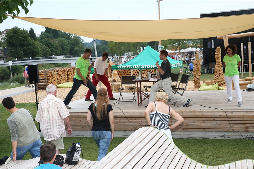 Das Gespräch bei „Reif für die Leseinsel“ lässt an diesem Sonntag niemanden sitzen. Olaf Kaps, MT-Verleger Hans-Ulrich Wetzel, MT-Sportredakteur Steffen-Michael Eigner und Sabine Liefke Wilhelm (v.li.) bringen die Zuhörer in Bewegung. Foto: Kühfuss
