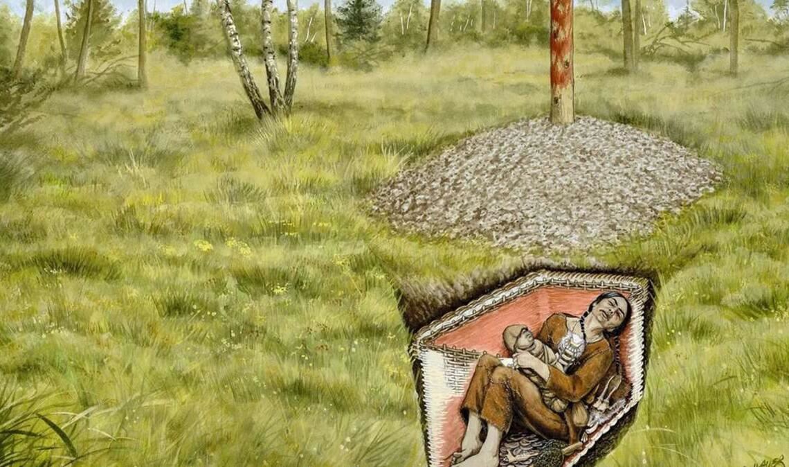 Das Grab der Schamanin von Bad Dürrenberg: Jahrtausendelang lag die Frau mit einem Kind in ihrem Arm unter der Erde. In der Dauerausstellung des Landesmuseums für Vorgeschichte Halle/Saale erstrahlt der Fund in neuem Glanz.