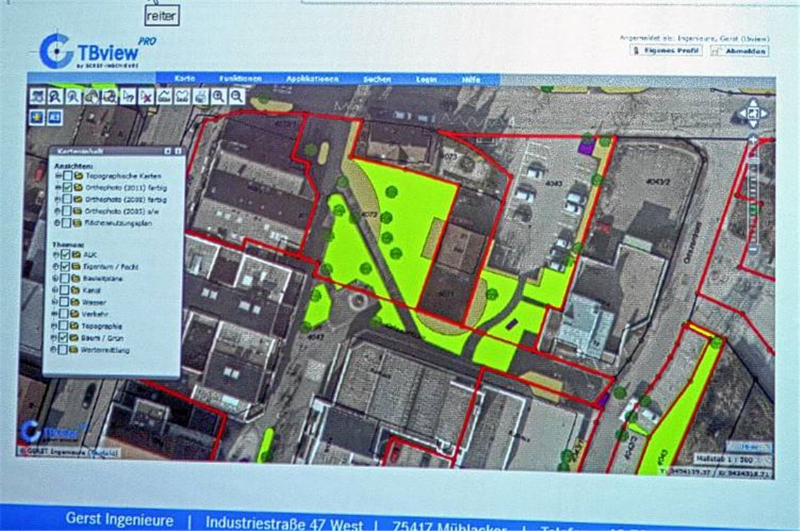 Das Grünflächenkataster kann – je nach individueller Auswahl – jeden Rasen, jeden Baum und jeden Strauch anzeigen. Unser Bild zeigt eine grobe Darstellung der Flächen am Ortszentrum. Foto: Goertz