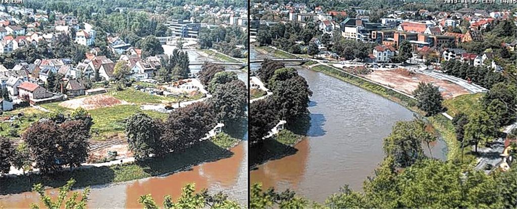 Das Hochwasser geht zurück: Zwei Kameras der Stadtwerke zeigen ständig Bilder vom Gelände der künftigen Gartenschau – links die Baustelle für die Gartenanlagen auf Dürrmenzer Seite, rechts das Wertle.