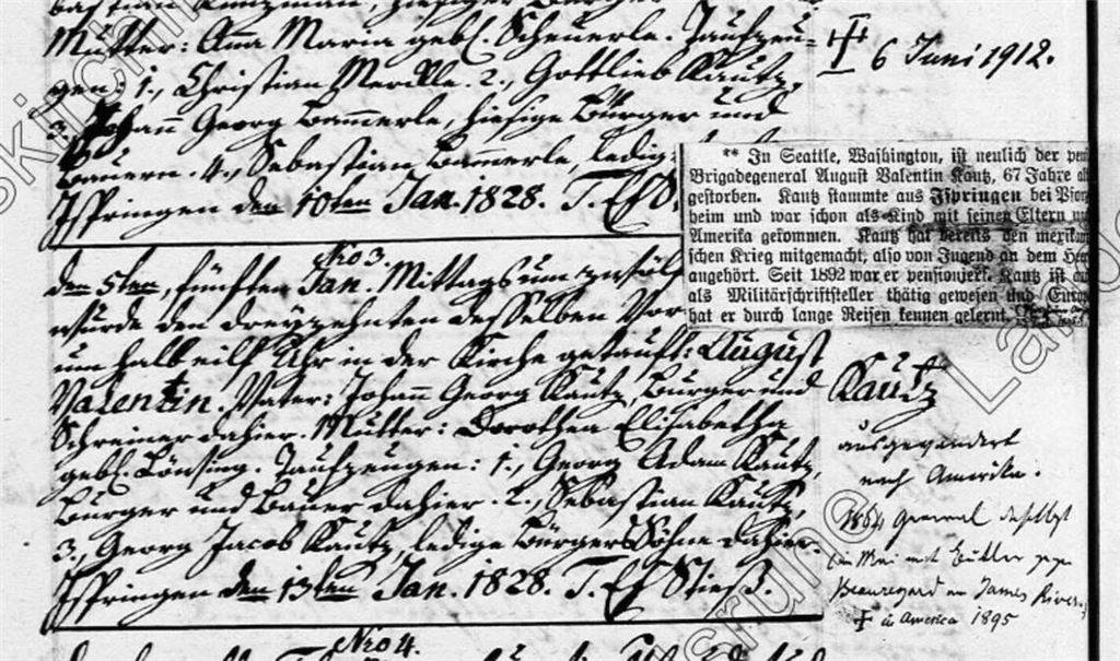 Das Ispringer Taufbuch wurde später um einen kleinen Zeitungsausschnitt und handschriftliche Notizen ergänzt, die von einem gewissen Stolz auf Kautz zeugen. Screenshot: Becker