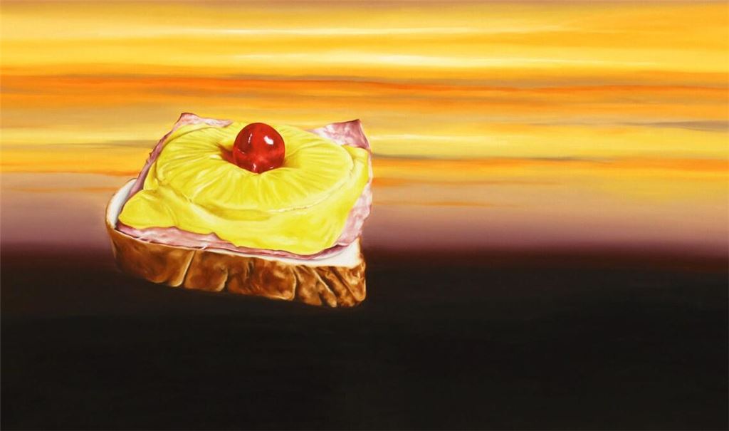 Das Künstlerduo Albrecht / Wilke hält den Toast Hawaii für so typisch deutsch wie das „Inselfieber“, so der Titel des Gemäldes von 2024.