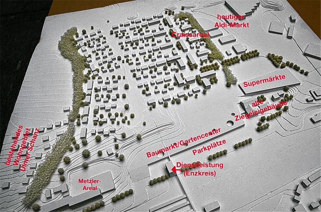 Das Modell: Wie bei allen Entwürfen ist das Areal der Spedition Craiss – optional – bereits in die Planung einbezogen, für den Fall, dass eine Umsiedlung innerhalb der Stadt machbar wäre.
