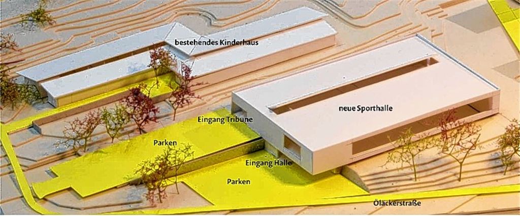 Das Modell einer neuen Dreifeld-Sporthalle an der Öläckerstraße von Norden…