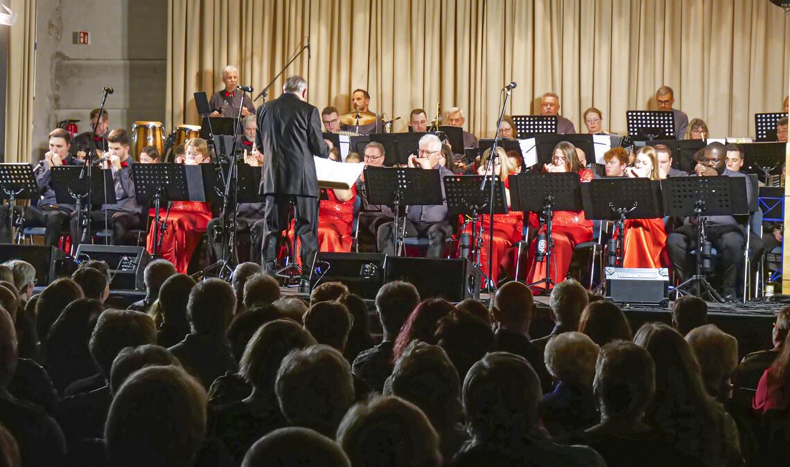 Das Mundharmonika-Orchester Knittlingen sorgt am Samstagabend für eine restlos ausverkaufte Lienzinger Festhalle. Foto: Friedrich