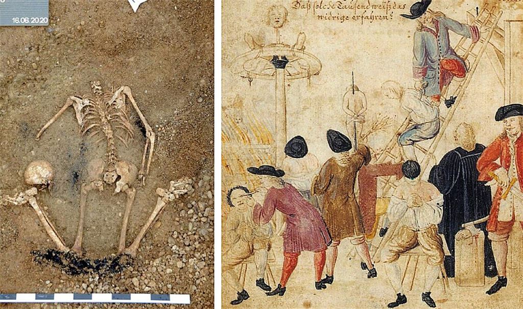 Das Skelett eines in Allensbach enthaupteten Mannes (links). Die historische Illustration zeigt eine Richtstätte um das Jahr 1720, wie sie auch am Bodensee ausgesehen haben könnte.