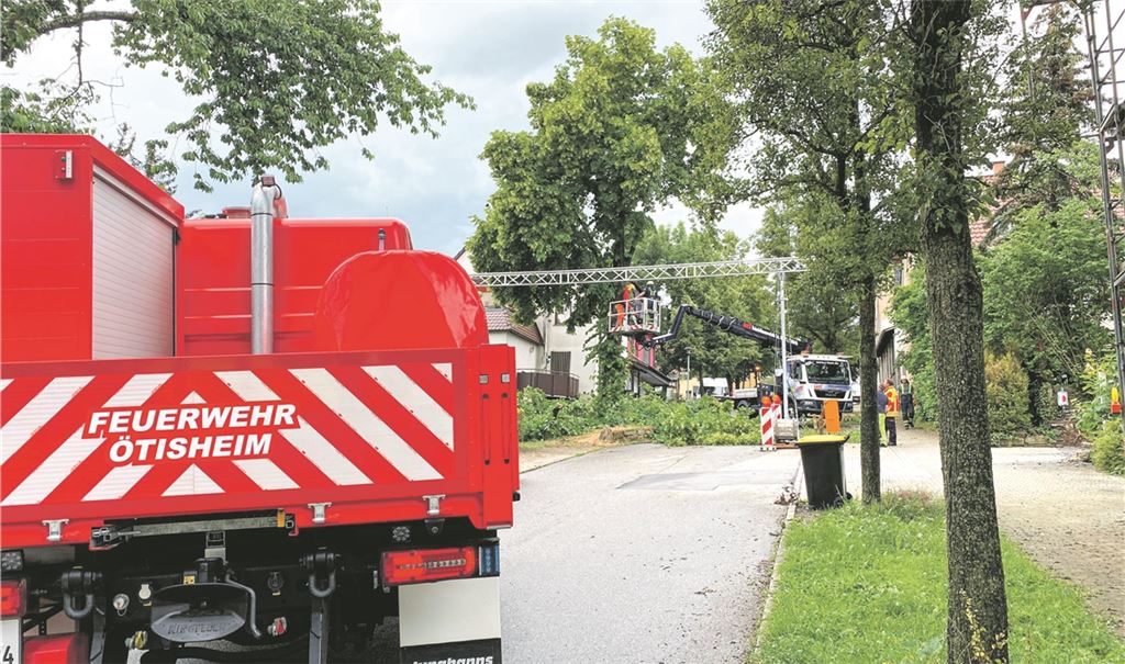 Das Unwetter beschert der Ötisheimer Feuerwehr zahlreiche Einsätze – unter anderem wegen umgestürzter Bäume. Fotos: Feuerwehr Ötisheim (3), Becker, privat (2)