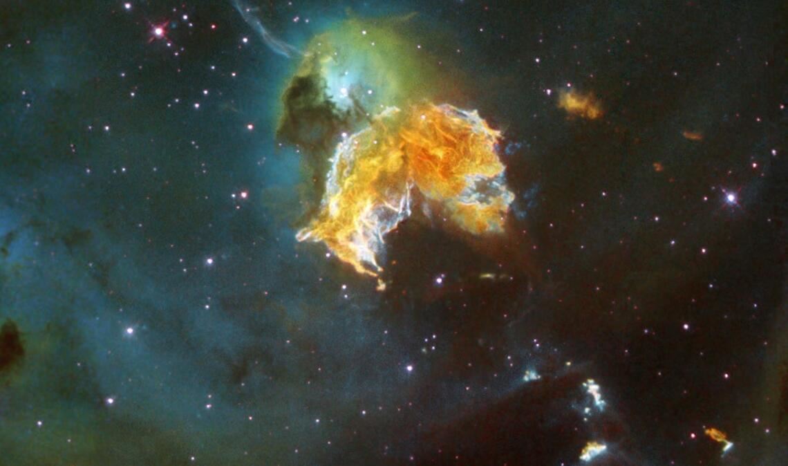 Das im Juni 2005 veröffentlichte Foto des Weltraumteleskops Hubble zeigt die Reste einer Supernova in 160 000 Lichtjahren Entfernung von der Erde. Der explodierte Stern hatte vermutlich rund 50 Mal soviel Masse wie unsere Sonne.