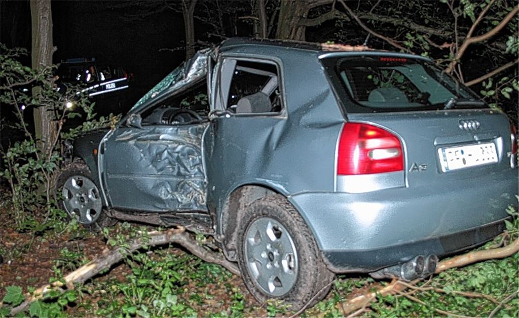 Der Audi, in dem fünf junge Leute saßen, wird beim Aufprall total demoliert.