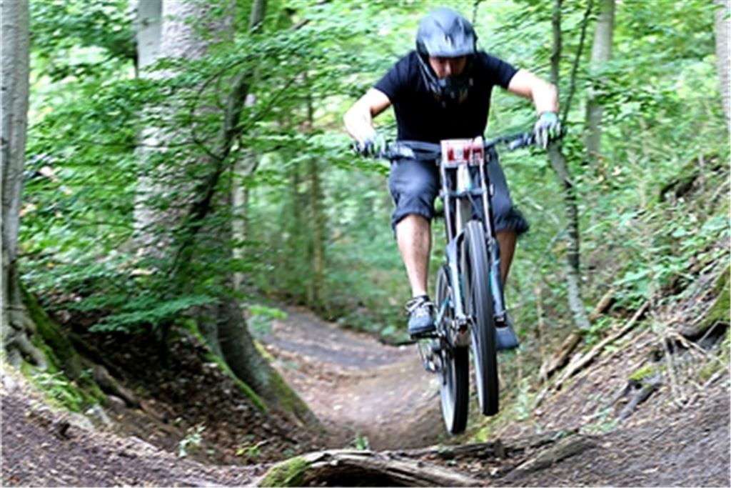 Der Ausgangspunkt und der letzte Stand: Nachdem eine reizvolle, aber wild entstandene Strecke am Rand des Saubergs im Gebiet zwischen Mühlacker und Schönenberg im Zuge des Verfahrens gesperrt wurde (Bild oben), hat der Verein Downhill Enduro Freeride (DEF) mit erheblichem Einsatz und Aufwand andere Alternativen im selben Terrain geprüft, die aber jeweils abgelehnt wurden. Am Ende des Tauziehens stand dann eine mögliche Lösung mit einer vergleichsweise kurzen Doppelroute im Mühlacker Lugwald (unten), die allerdings vom Großteil der Mitglieder als wenig attraktiv empfunden wird. Deshalb legt der Verein die Pläne für eine offizielle Route auf Mühlacker Gemarkung nun endgültig zu den Akten. Fotos: Archiv