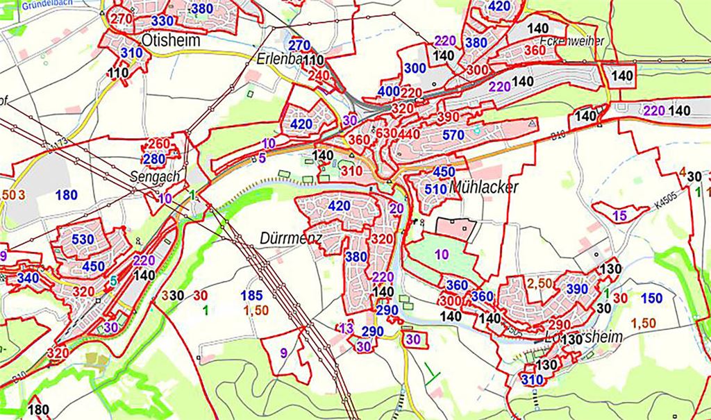 Der Ausschnitt für Mühlacker aus dem Bodenrichtwertinformationssystem der Gutachterausschüsse für Baden-Württemberg. Screenshot: Eier/www.Gutachterausschüsse-bw.de