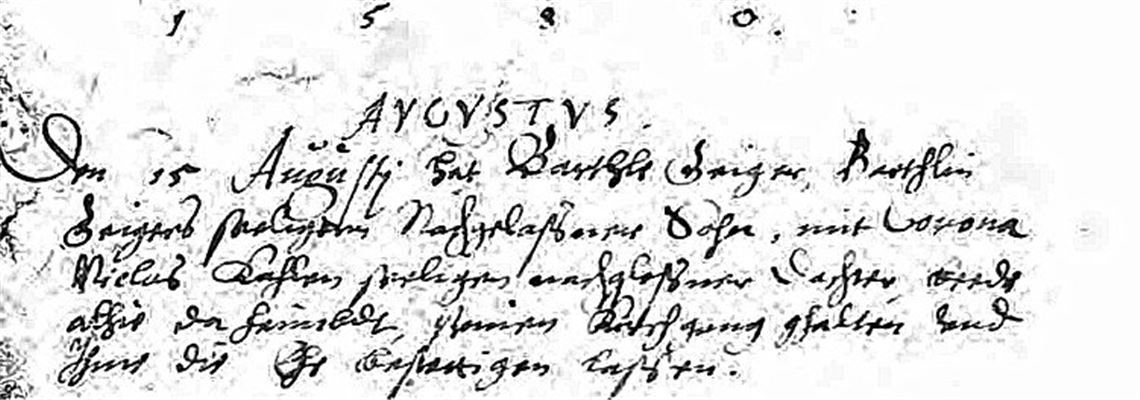 Der Beweis: Corona trat schon sehr früh in Neuenbürg auf – hier 1580 in Gestalt der Corona Kahl, die Barthle Geiger das Jawort gab. Aus der Ehe sollten zwölf Kinder hervorgehen.