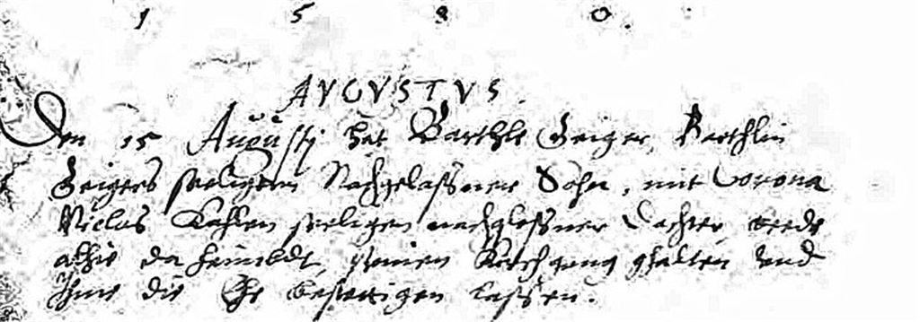 Der Beweis: Corona trat schon sehr früh in Neuenbürg auf – hier 1580 in Gestalt der Corona Kahl, die Barthle Geiger das Jawort gab. Aus der Ehe sollten zwölf Kinder hervorgehen.