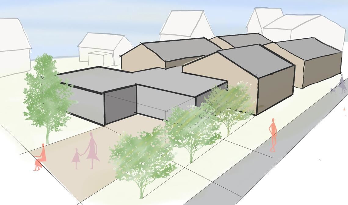 Der Entwurf mit vier kleinen „Häusern“, die über einen Spielflur verbunden sind, erntet viel Lob – trotzdem sollen weitere Alternativen entworfen werden. Grafik: Beuchle Hainle Architekten