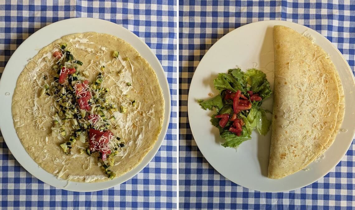 Der Gemüsepfannkuchen vor und nach dem Zuklappen