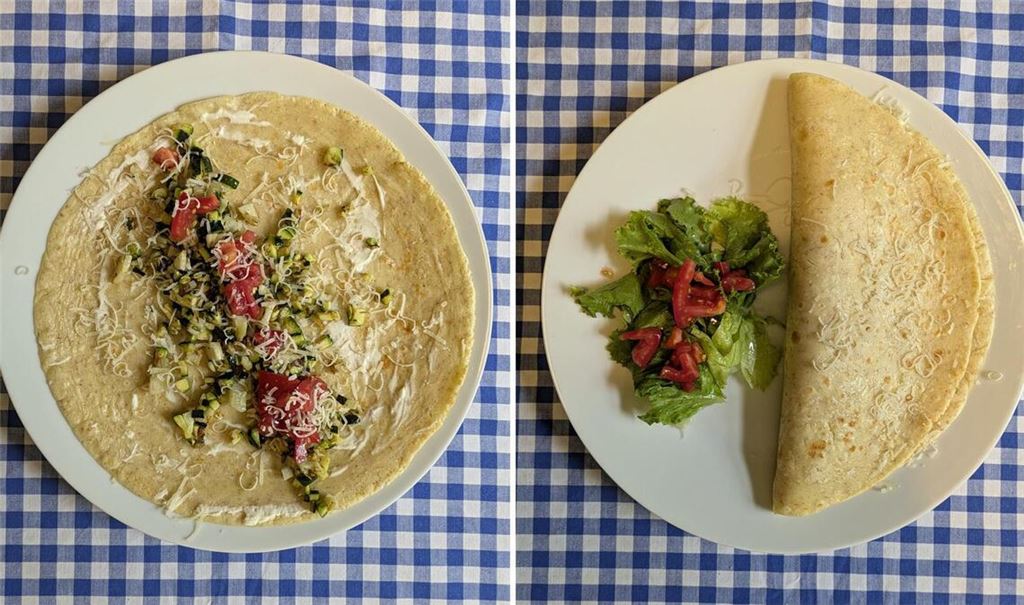 Der Gemüsepfannkuchen vor und nach dem Zuklappen