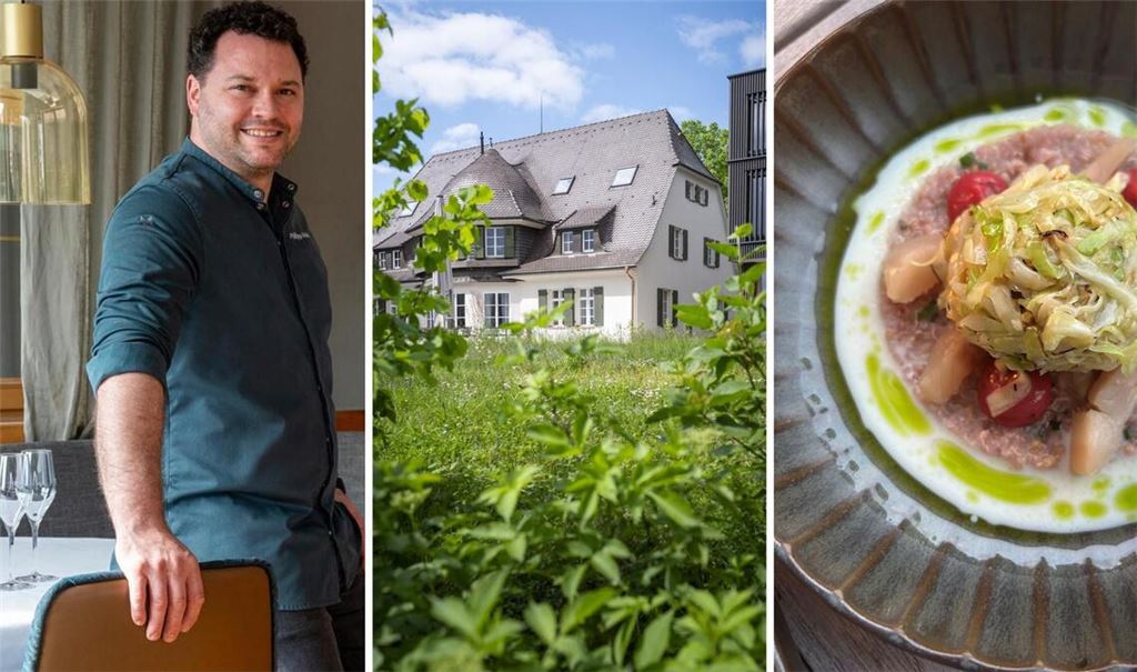 Der Küchenchef Philipp Heid hat sich das Konzept für das Restaurant Pinus in der Villa Gminder ausgedacht. Serviert werden kleine Portionen zum Teilen wie Quinoa von der Alb mit kalt geräuchertem Saibling und Spitzkohlsalat.