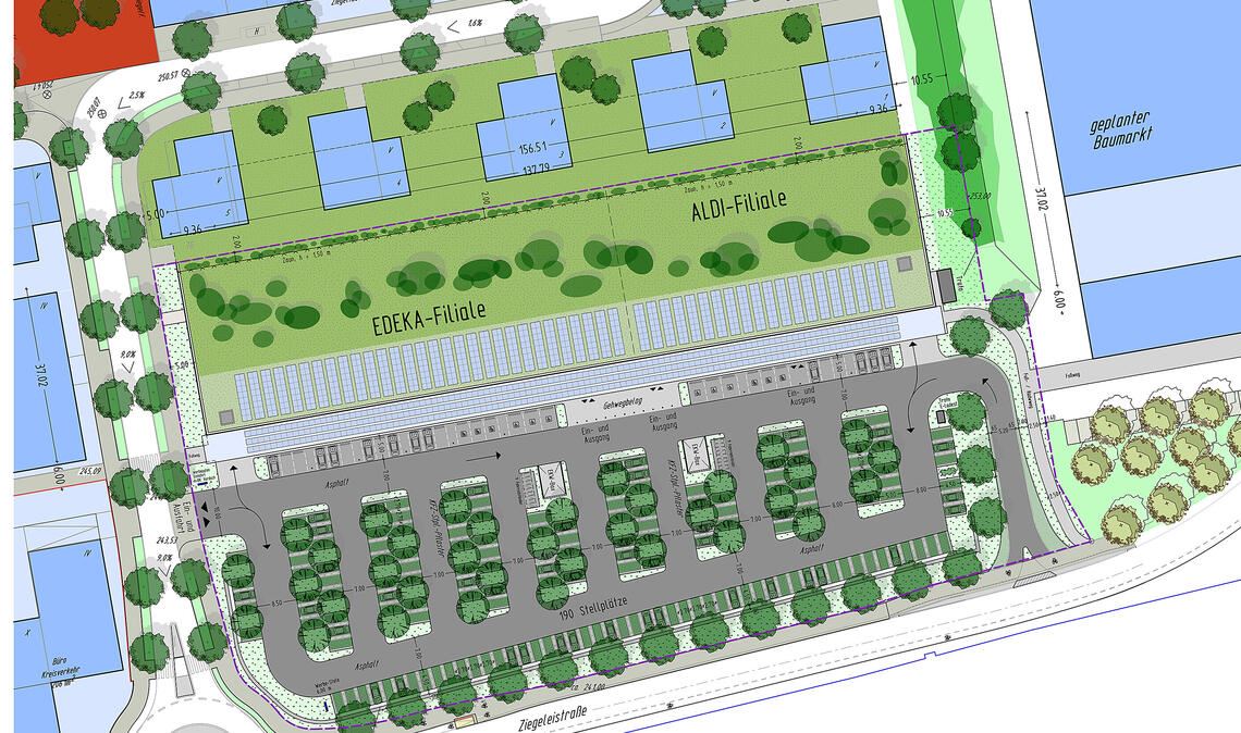 Der Plan für den gemeinsamen Standort von Aldi und Edeka an der Ziegeleistraße.