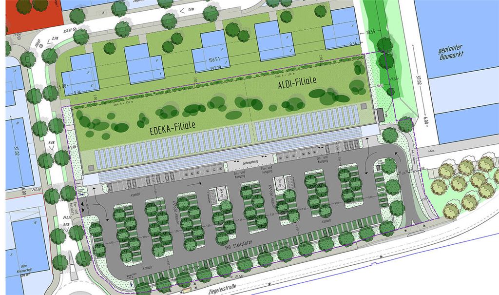 Der Plan für den gemeinsamen Standort von Aldi und Edeka an der Ziegeleistraße.