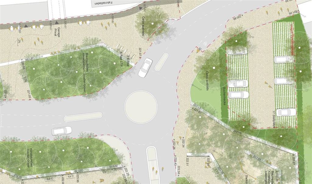 Der Planentwurf für die Neugestaltung des Dürrmenzer Marktplatzes zeigt den Verkehrsteiler zwischen Enzbrücke und Kreisel. Visualisierung: Glück Landschaftsarchitektur GmbH