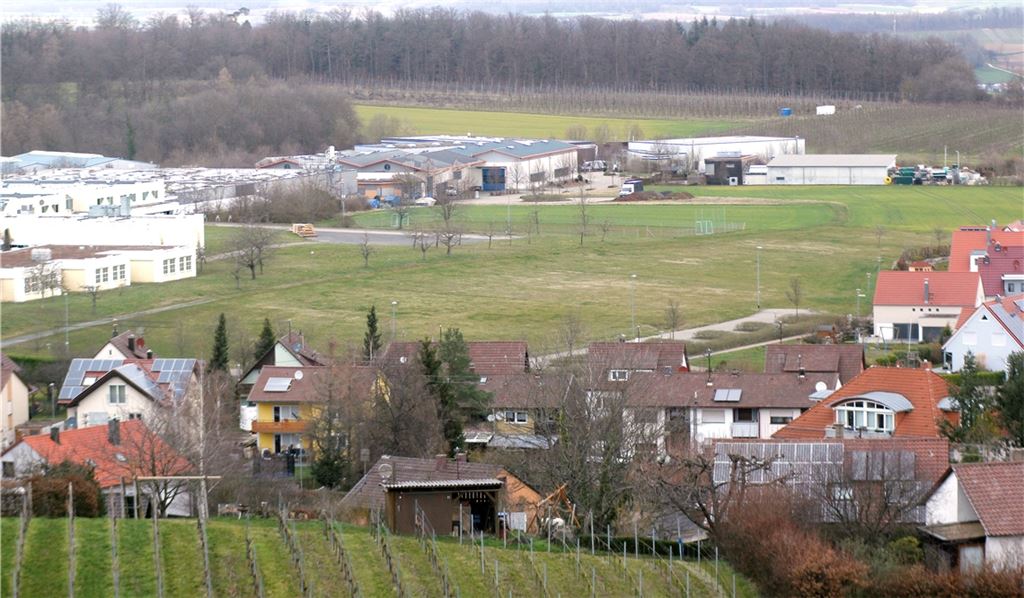 Der Sternenfelser Gemeinderat ermöglicht der Firma Süss MicroTech durch eine Bebauungsplanänderung, auf der Grünfläche (Bildmitte) zu expandieren. Das Vorhaben soll im Einklang mit den Interessen der Anwohner im sich anschließenden Wohngebiet „Jörgenacker“ stehen. Foto: Kollros