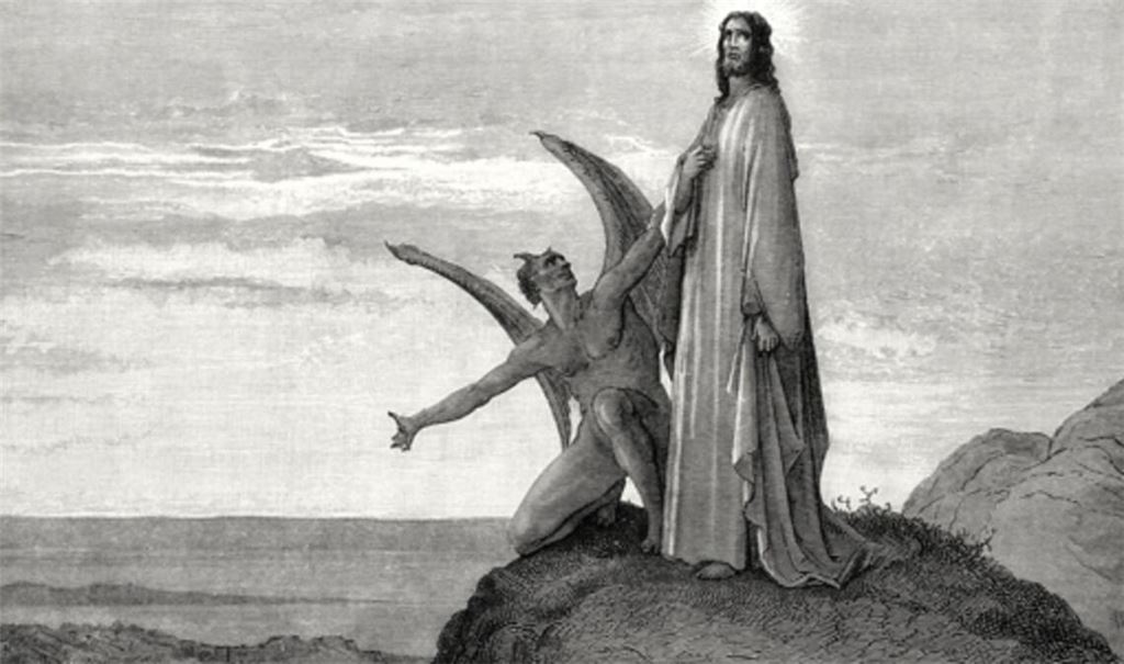 Der Teufel versucht Jesus in der Wüste (Illustration von Gustave Doré , 1832-1883).