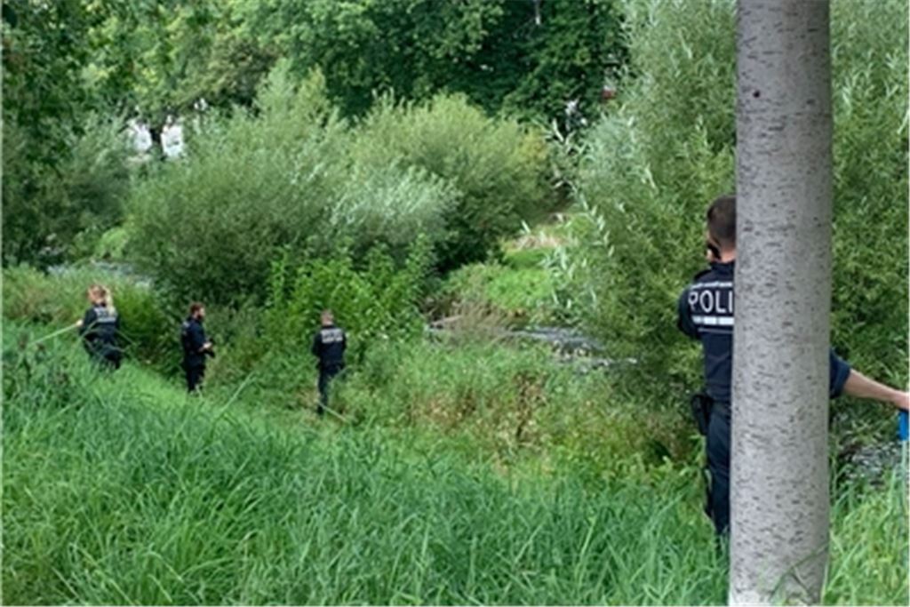 Der Tote, der im Bereich des Enzufers gefunden wurde, ist möglicherweise einer Gewalttat zum Opfer gefallen. Am Mittwoch durchkämmen Polizisten das Gebiet auf der Suche nach Spuren. Foto: Myroshnichenko