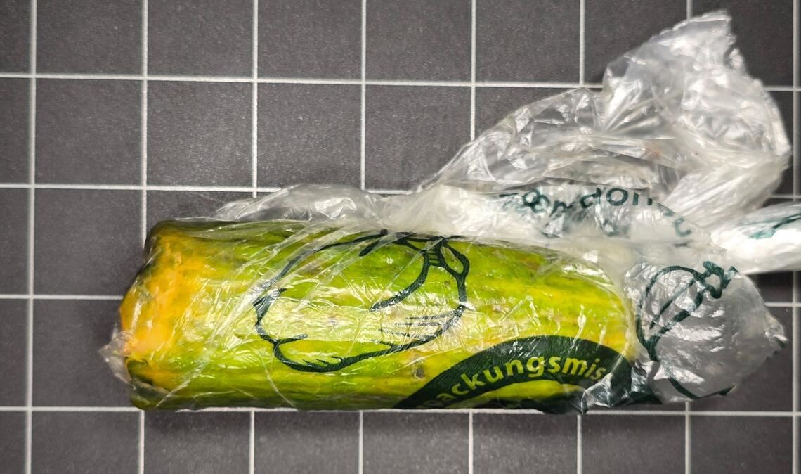 Der Vater der Frau nahm das Paket mit der Gurke an und bezahlte.