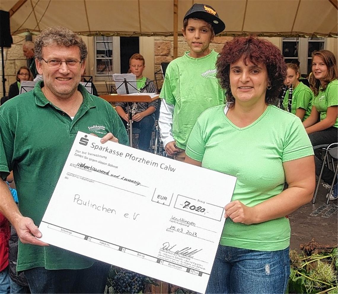 Der Vorsitzende Dirk Müller übergibt eine Spende von 7020 Euro an Isabell Schaich von Paulinchen e.V., deren Sohn Graziano viel Hilfe durch den Verein bekam. Foto: Fotomoment