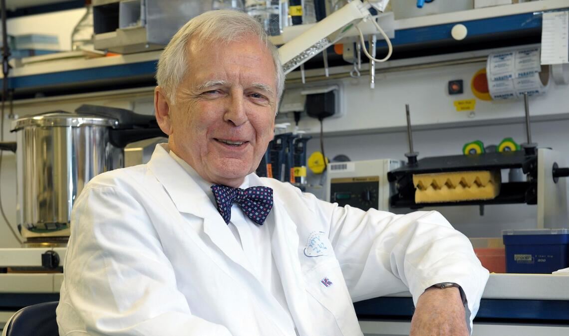 Der deutsche Krebsforscher Harald zur Hausen sitzt in einem Labor im Deutschen Krebsforschungszentrum (DKFZ) im Jahr 2008.