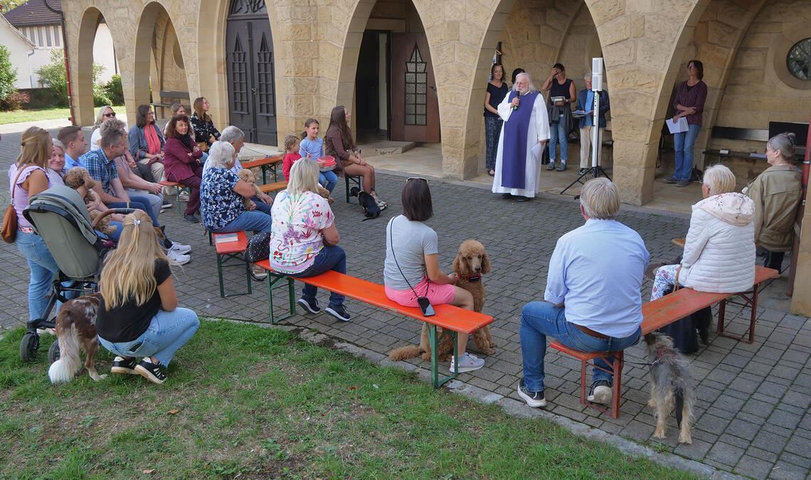 Der erste Tiergottesdienst in Mühlacker auf dem Vorhof der Herz-Jesu-Kirche stößt auf ein reges Interesse. Foto: Friedrich