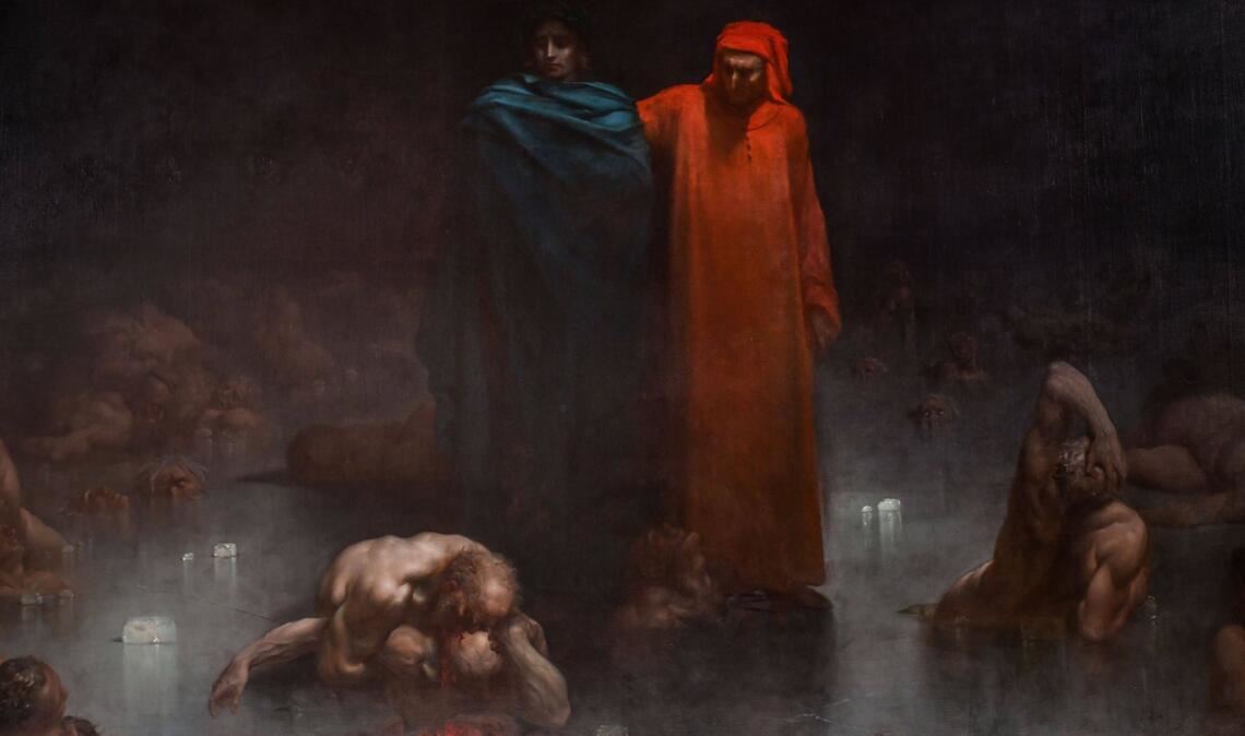 Der italienische Dichter Dante Alighieri und der antike römische Dichter Vergil betreten den neunten Kreis der Hölle (Gemälde des französischen Malers und Grafikers Gustav Doré, 1832-1883, von 1861.