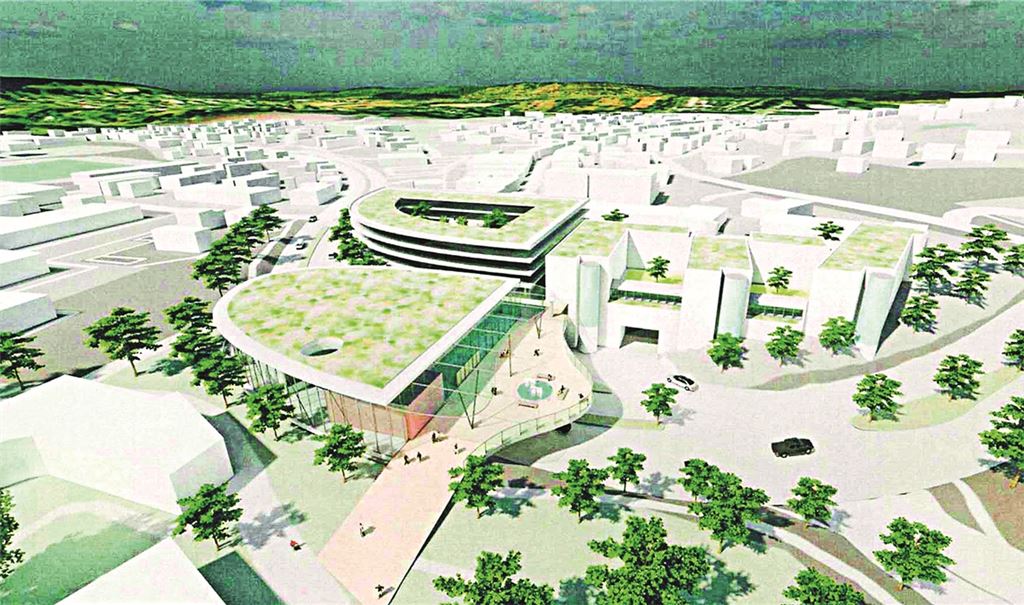Der neue Entwurf für die Stadthalle, die über der B10 „schweben“ könnte. Grafik: MESA