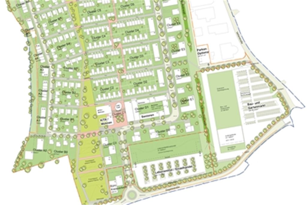Der neue städtebauliche Entwurf, den das Büro baumann.dürrarchitekten in Karlsruhe im Auftrag des Investors, der Projektentwicklungsgesellschaft der Hofkammer des Hauses Württemberg, erstellt hat, zeigt die Anordnung der Dienstleister, die möglichen Standorte für Kita und Seniorenheim und des neuen Wohngebiets auf dem 23 Hektar großen Gelände – und er zeigt die Dimensionen des Projekts, das in den nächsten Jahren umgesetzt werden soll.