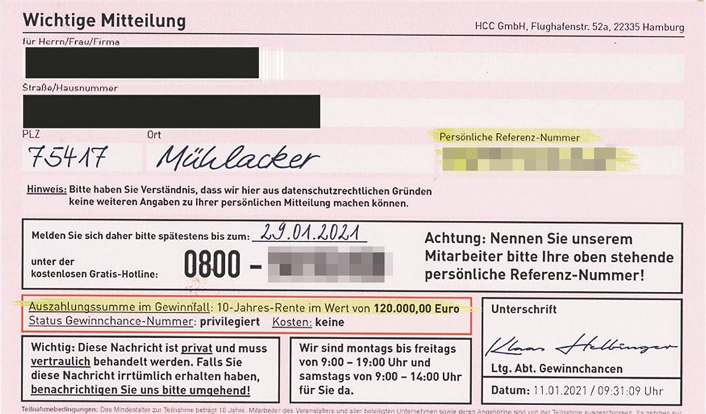 Der scheinbar amtliche Charakter der „Gewinnmitteilung“ soll beim Opfer Vertrauen wecken.