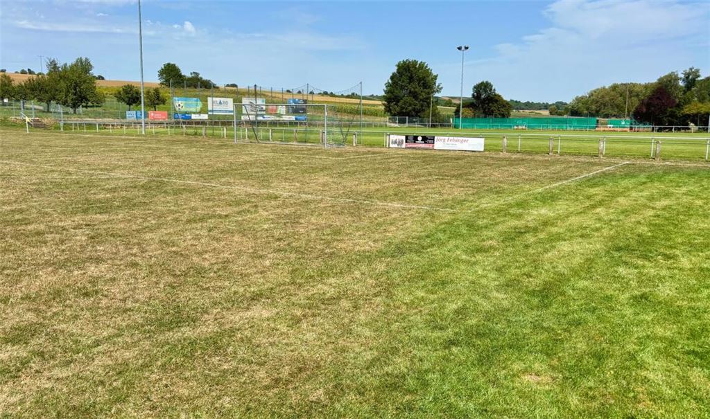 Der vordere Rasenplatz auf dem Sportgelände „Weissacher Tal“ präsentiert sich in aktuell zweifarbig: Ein bewässerter Streifen ist satt grün, die restliche Fläche gelb-braun. Fotos: Schüller